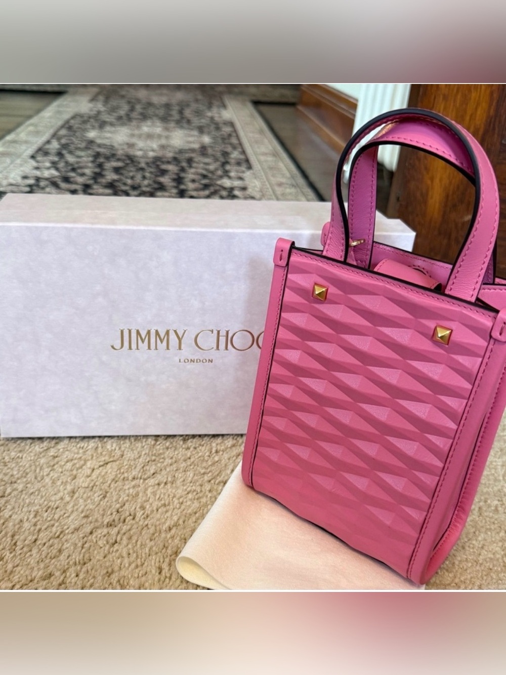 Jimmy Choo Mini North-South Diamond Embossed 3D Leather Tote Bag / Crossbody - Picture 2 of 4